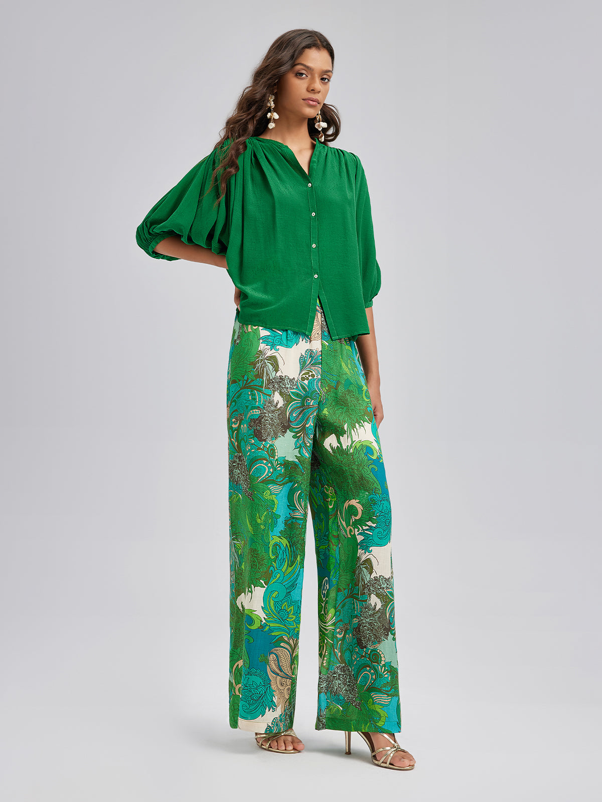 Beli Lastikli Çiçek Desenli Keten Görünümlü Pantolon