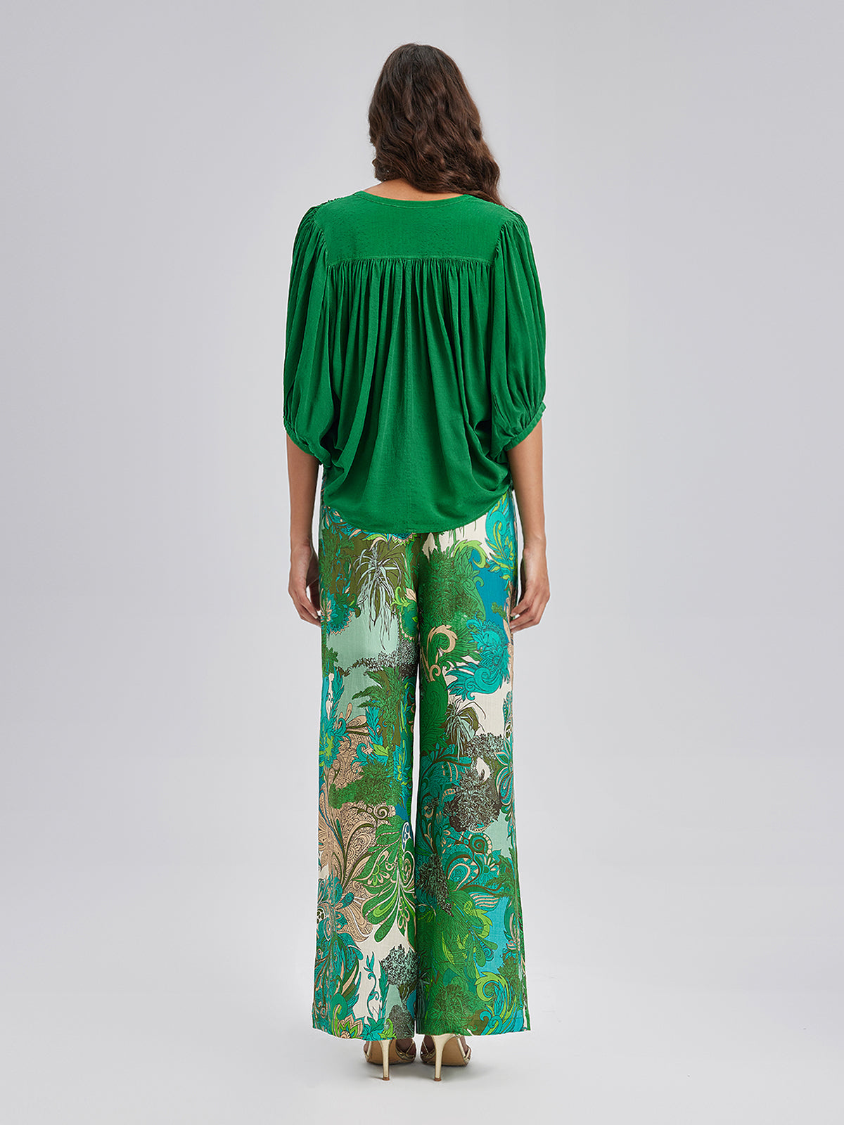 Beli Lastikli Çiçek Desenli Keten Görünümlü Pantolon