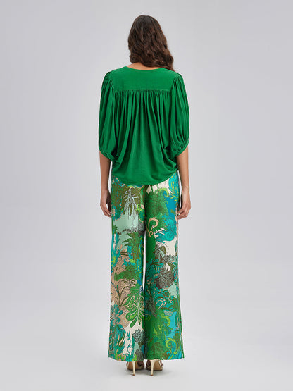 Beli Lastikli Çiçek Desenli Keten Görünümlü Pantolon