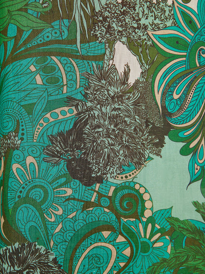 Beli Lastikli Çiçek Desenli Keten Görünümlü Pantolon