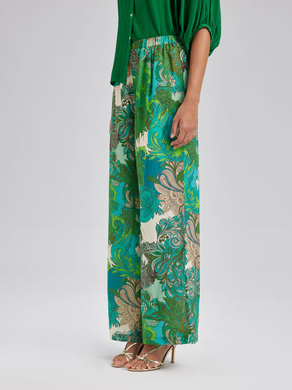 Beli Lastikli Çiçek Desenli Keten Görünümlü Pantolon