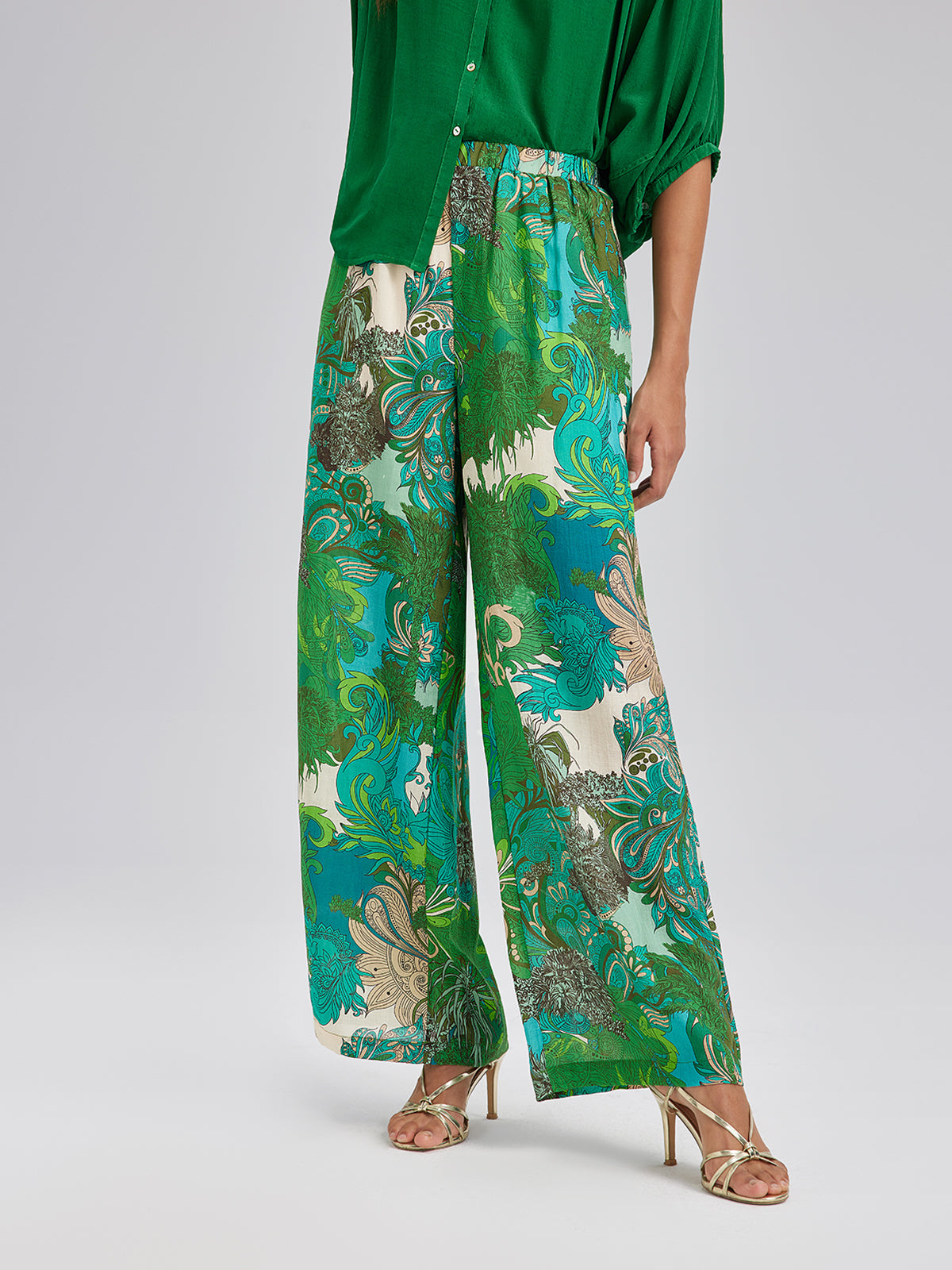 Beli Lastikli Çiçek Desenli Keten Görünümlü Pantolon