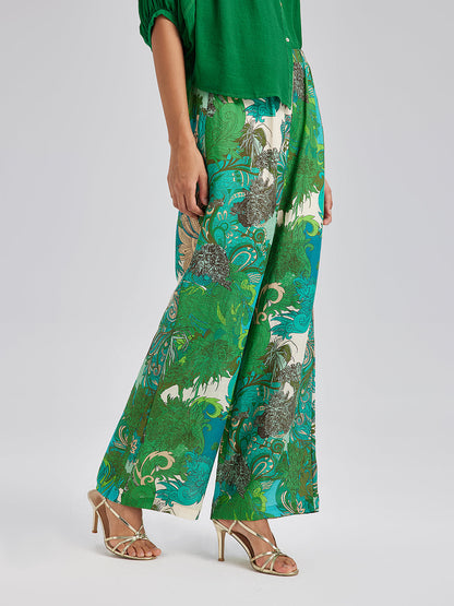 Beli Lastikli Çiçek Desenli Keten Görünümlü Pantolon