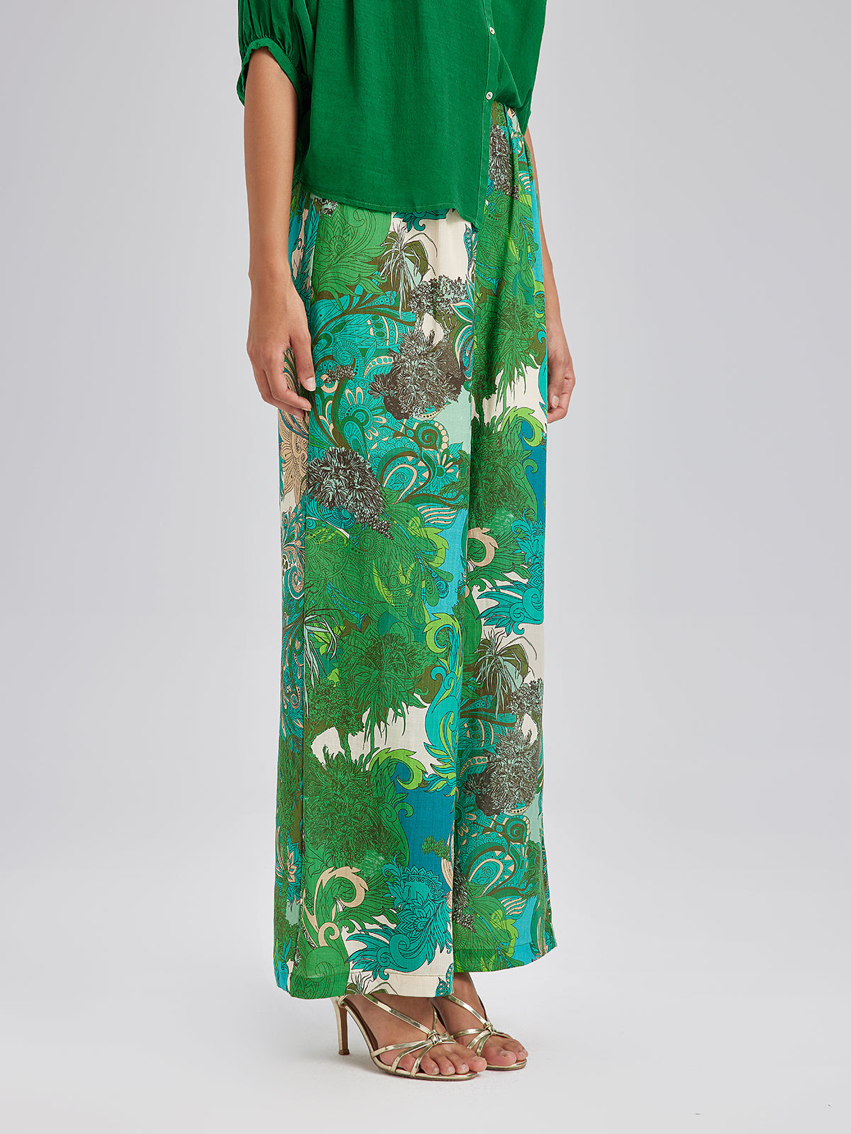 Beli Lastikli Çiçek Desenli Keten Görünümlü Pantolon