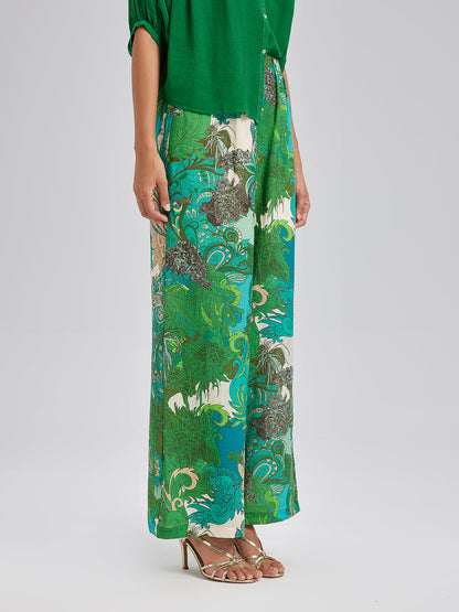 Beli Lastikli Çiçek Desenli Keten Görünümlü Pantolon