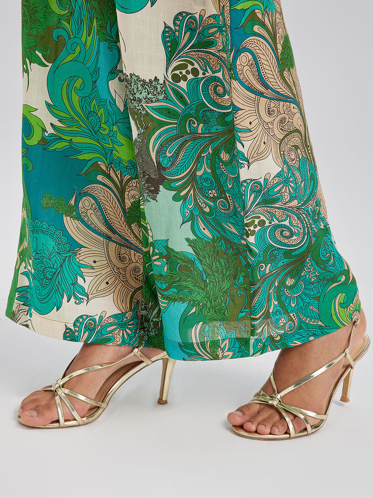 Beli Lastikli Çiçek Desenli Keten Görünümlü Pantolon