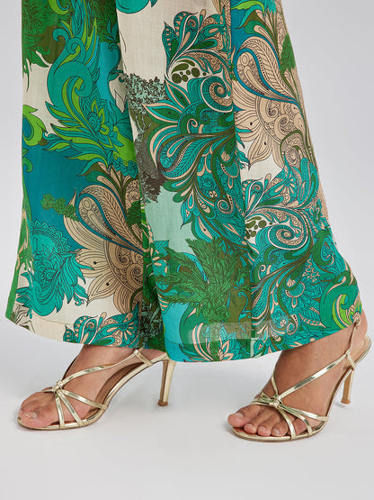 Beli Lastikli Çiçek Desenli Keten Görünümlü Pantolon