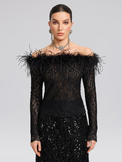 Omzu Açık Tüylü Pullu Dantel Bluz