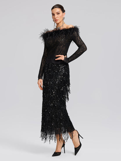 Omzu Açık Tüylü Pullu Dantel Bluz