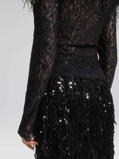 Omzu Açık Tüylü Pullu Dantel Bluz