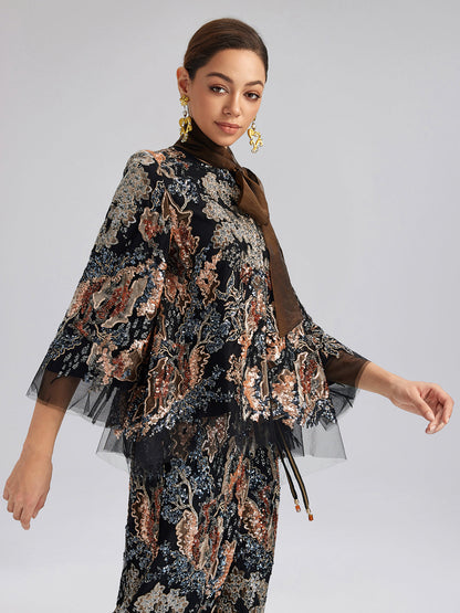 Pullu Sarmaşık Nakışlı Bağlamalı Ceket