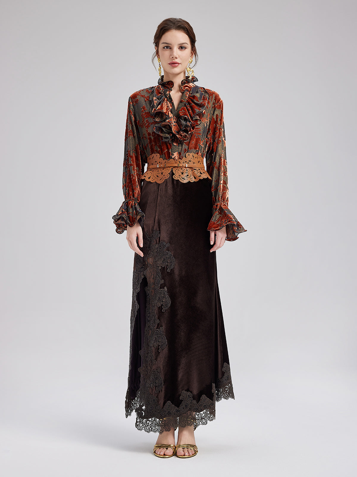 Parlak İpek Yakma Kadife Bluz