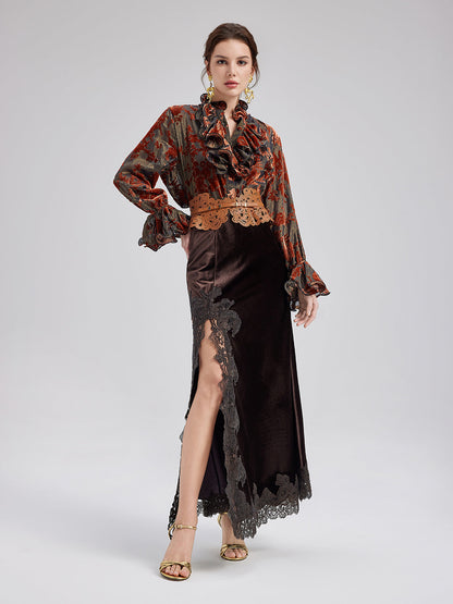 Fransız Dantel Kadife Yırtmaçlı Etek