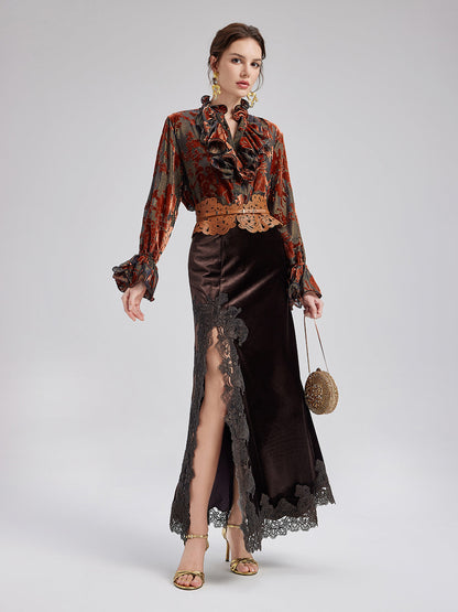 Parlak İpek Yakma Kadife Bluz