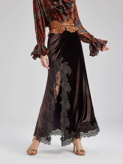 Fransız Dantel Kadife Yırtmaçlı Etek