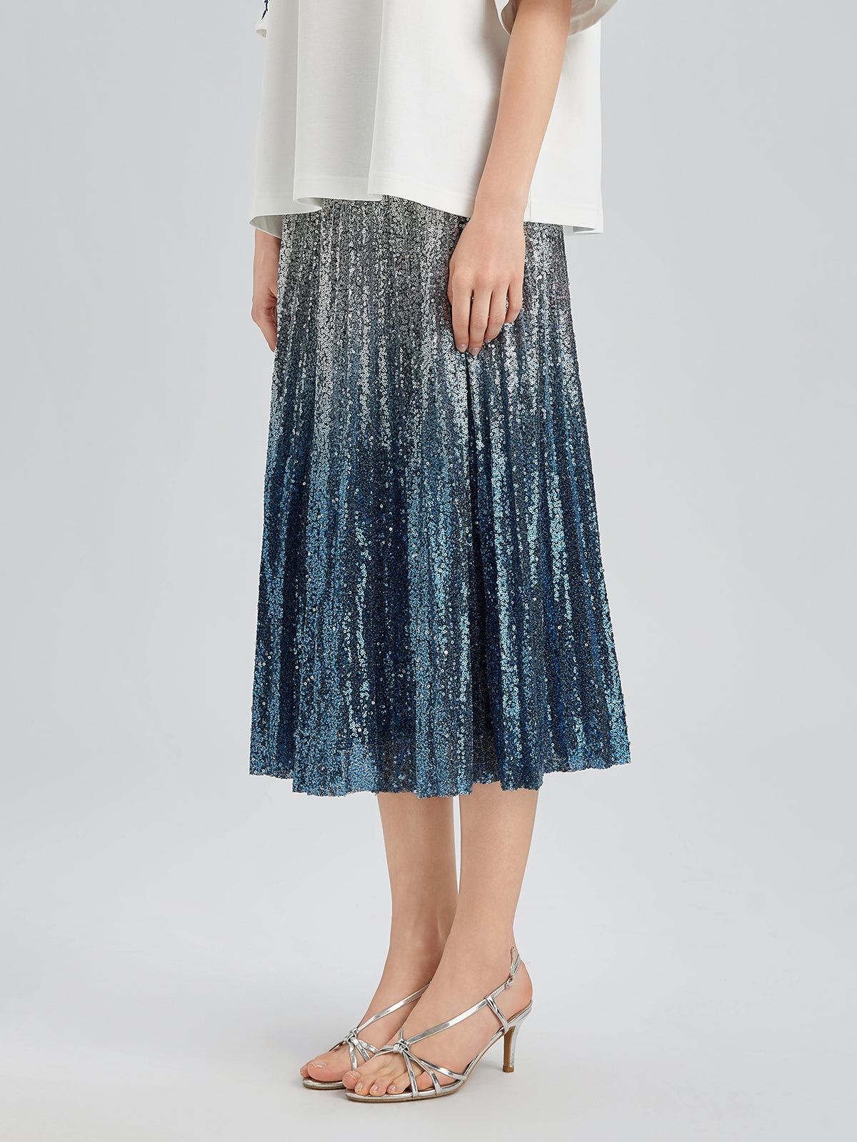 Renk Geçişli Pullu Pileli Midi Etek