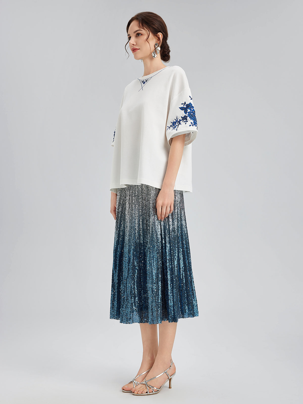 Renk Geçişli Pullu Pileli Midi Etek