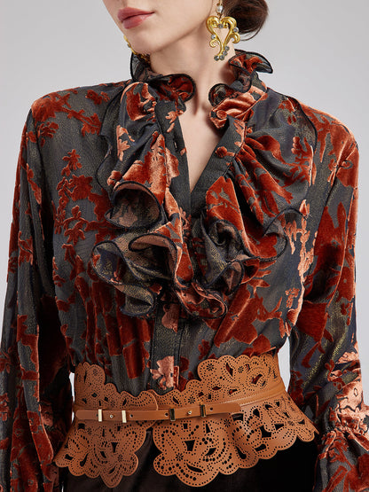 Parlak İpek Yakma Kadife Bluz