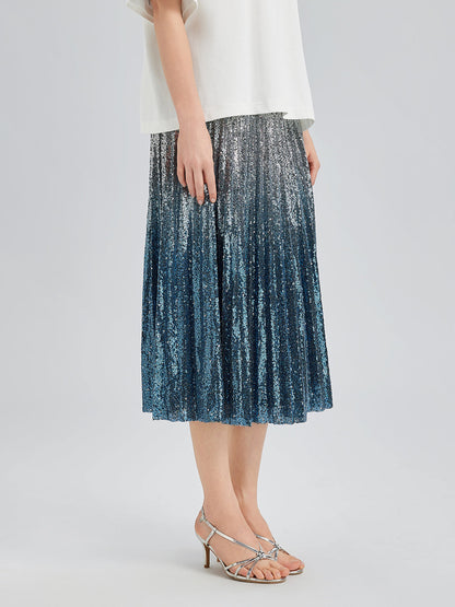 Renk Geçişli Pullu Pileli Midi Etek