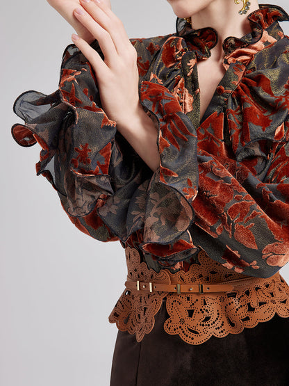 Parlak İpek Yakma Kadife Bluz