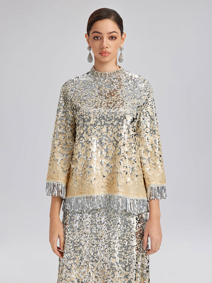 Boncuklu Gölgeli Püsküllü Hakim Yaka Bluz