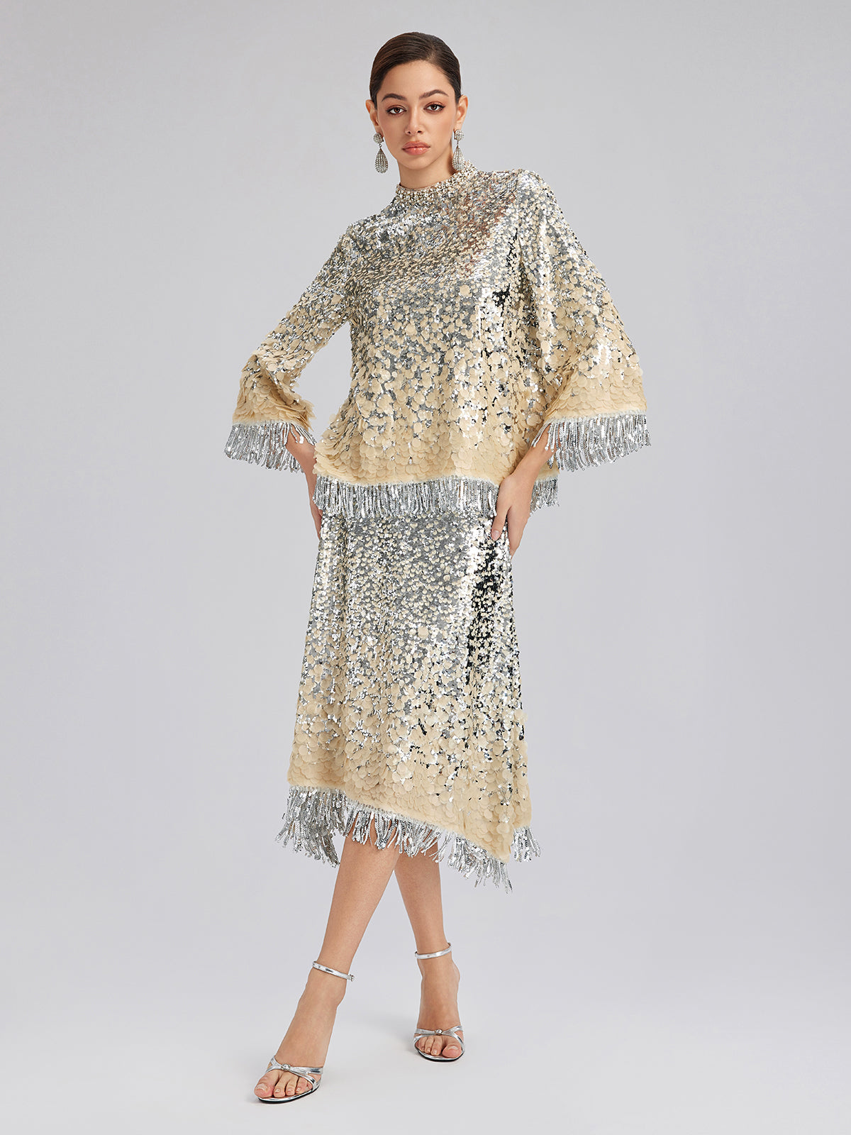 Gölgeli Pullu Püsküllü Beli Lastikli Etek