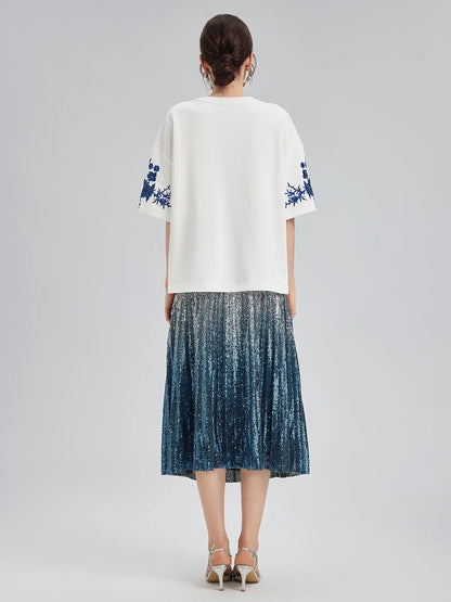 Renk Geçişli Pullu Pileli Midi Etek