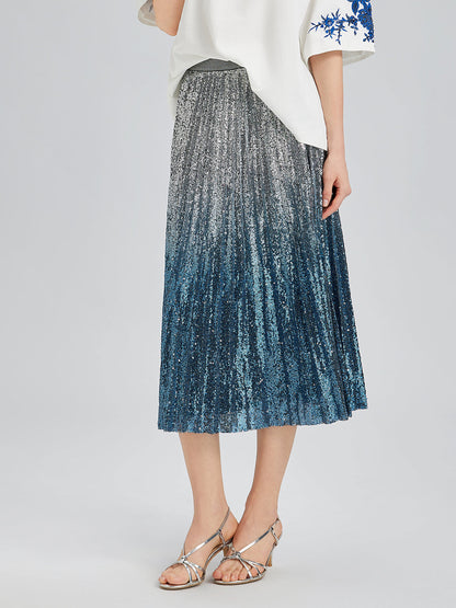 Renk Geçişli Pullu Pileli Midi Etek