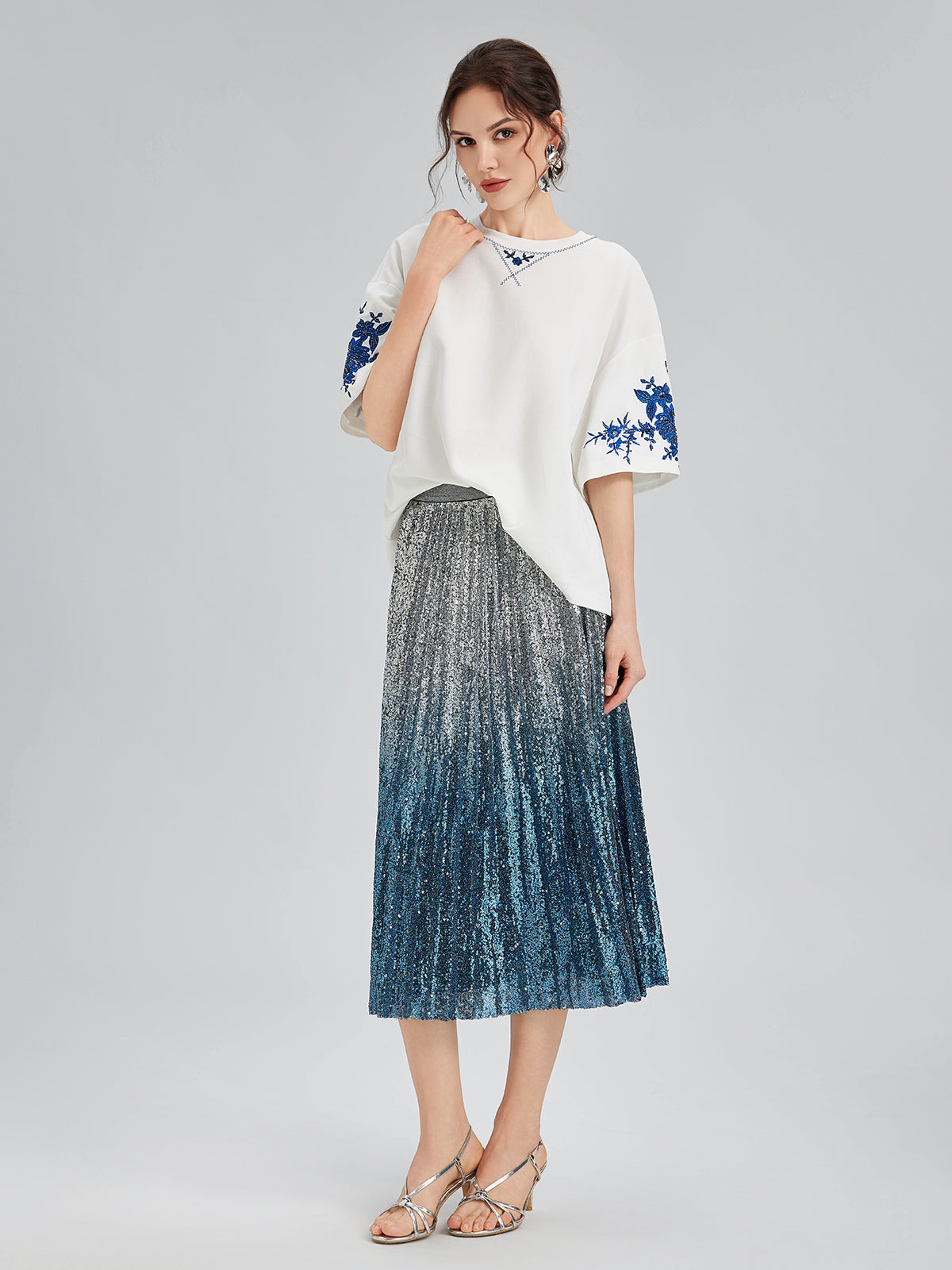 Renk Geçişli Pullu Pileli Midi Etek