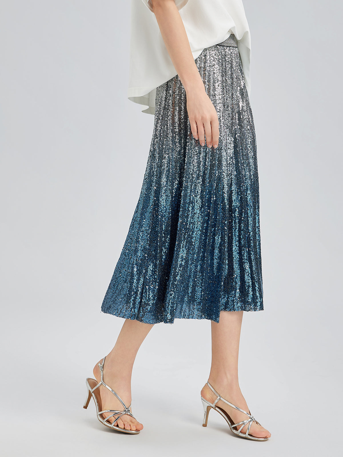 Renk Geçişli Pullu Pileli Midi Etek