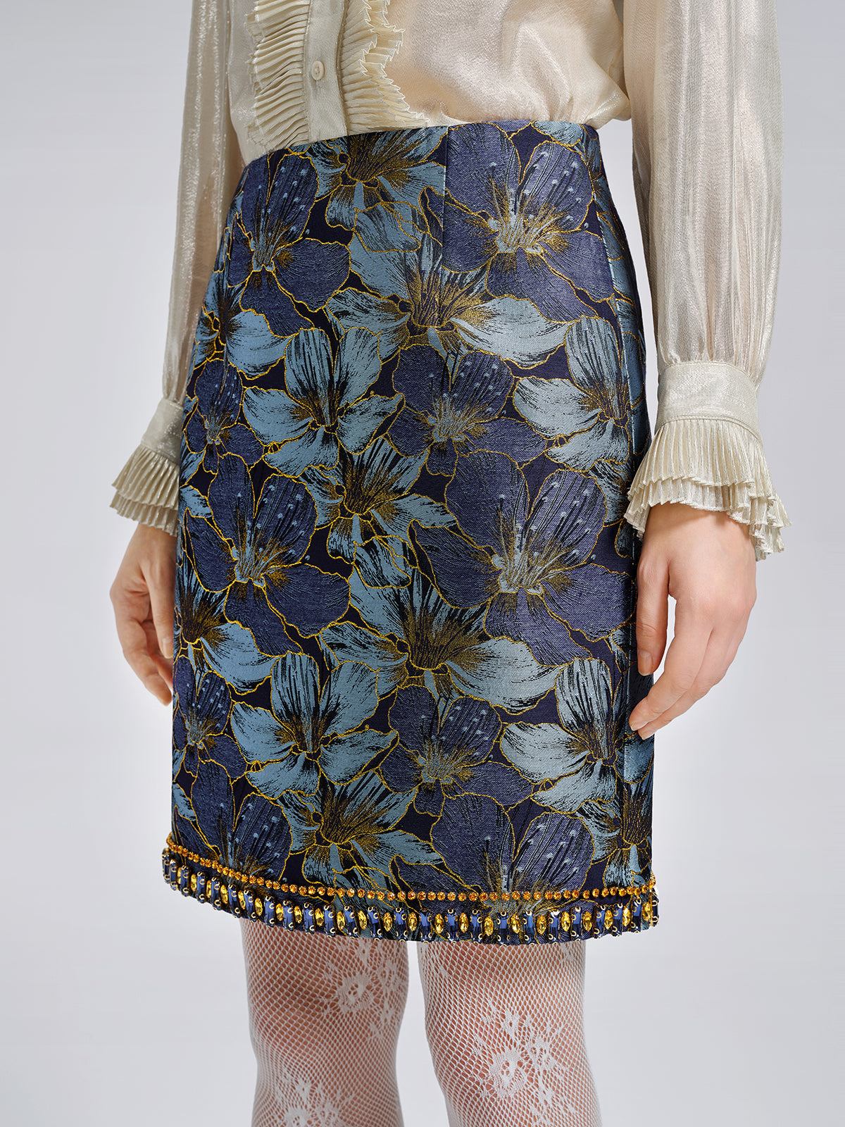 El İşlemesi Taşlı Jakar Mini Etek