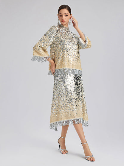 Gölgeli Pullu Püsküllü Beli Lastikli Etek