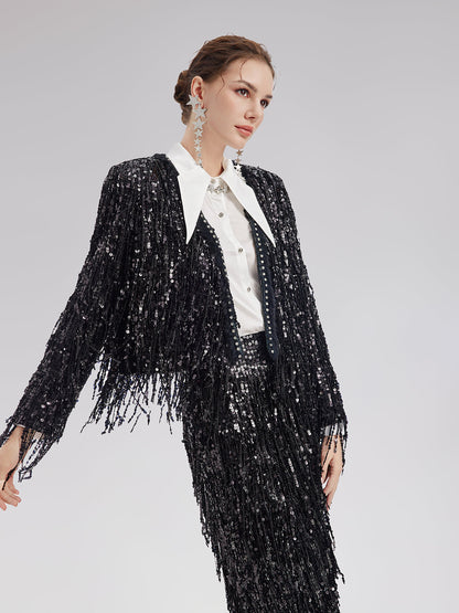 Pullu Boncuklu Püsküllü Kısa Ceket