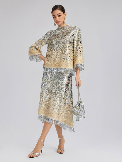 Gölgeli Pullu Püsküllü Beli Lastikli Etek