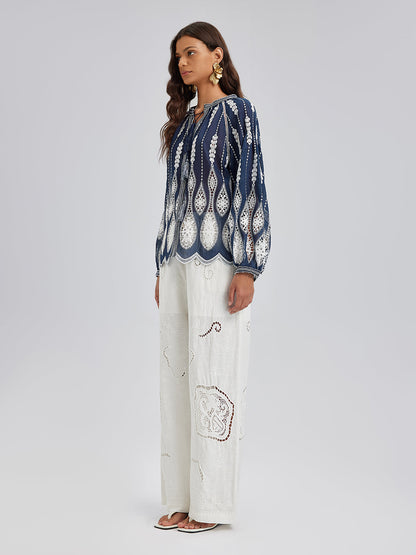 Yoğun Püskül Nakışlı Pencereli Bluz