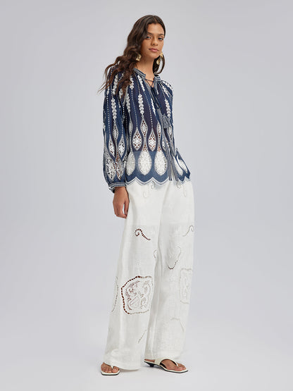 Keten Nakışlı Delikli Tatil Pantolonu