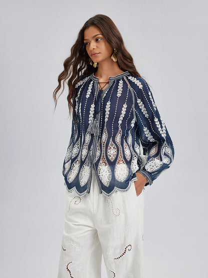Yoğun Püskül Nakışlı Pencereli Bluz