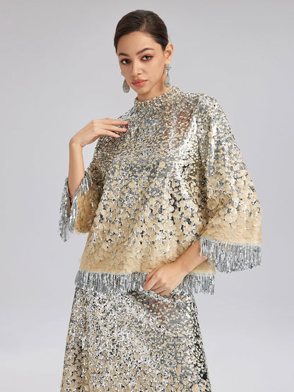 Boncuklu Gölgeli Püsküllü Hakim Yaka Bluz