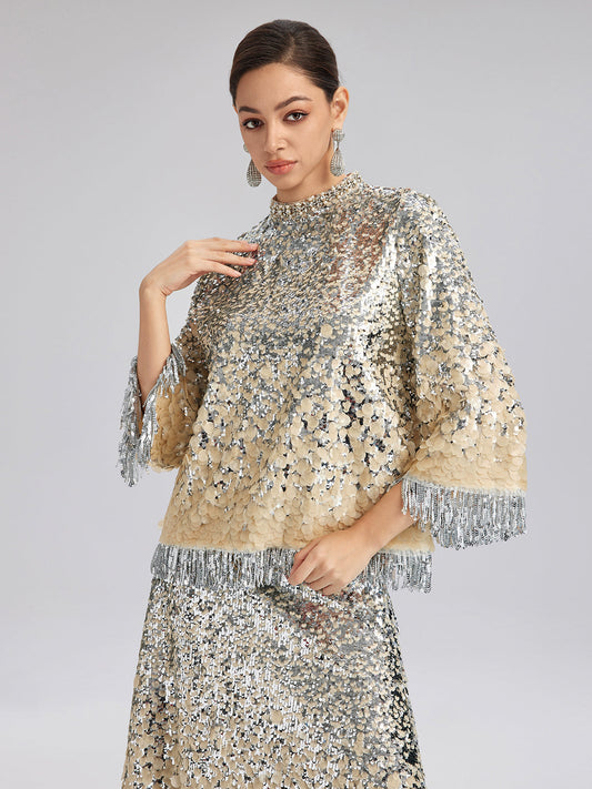 Boncuklu Gölgeli Püsküllü Hakim Yaka Bluz