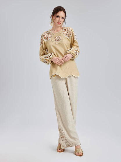 Fransız Keten Görünümlü Örgü Kemerli Dantelli Pantolon