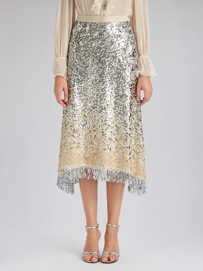 Gölgeli Pullu Püsküllü Beli Lastikli Etek