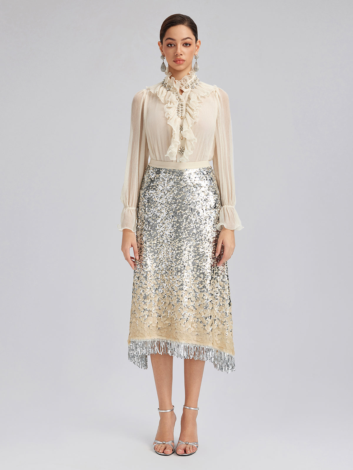 Gölgeli Pullu Püsküllü Beli Lastikli Etek