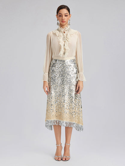 Gölgeli Pullu Püsküllü Beli Lastikli Etek