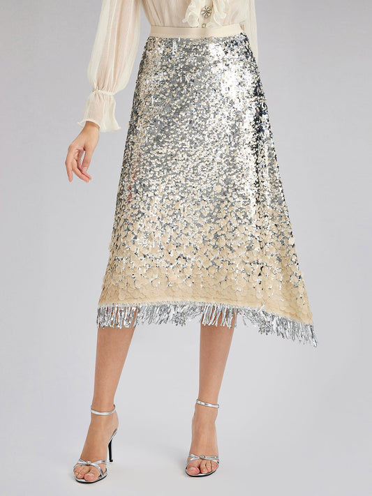 Gölgeli Pullu Püsküllü Beli Lastikli Etek