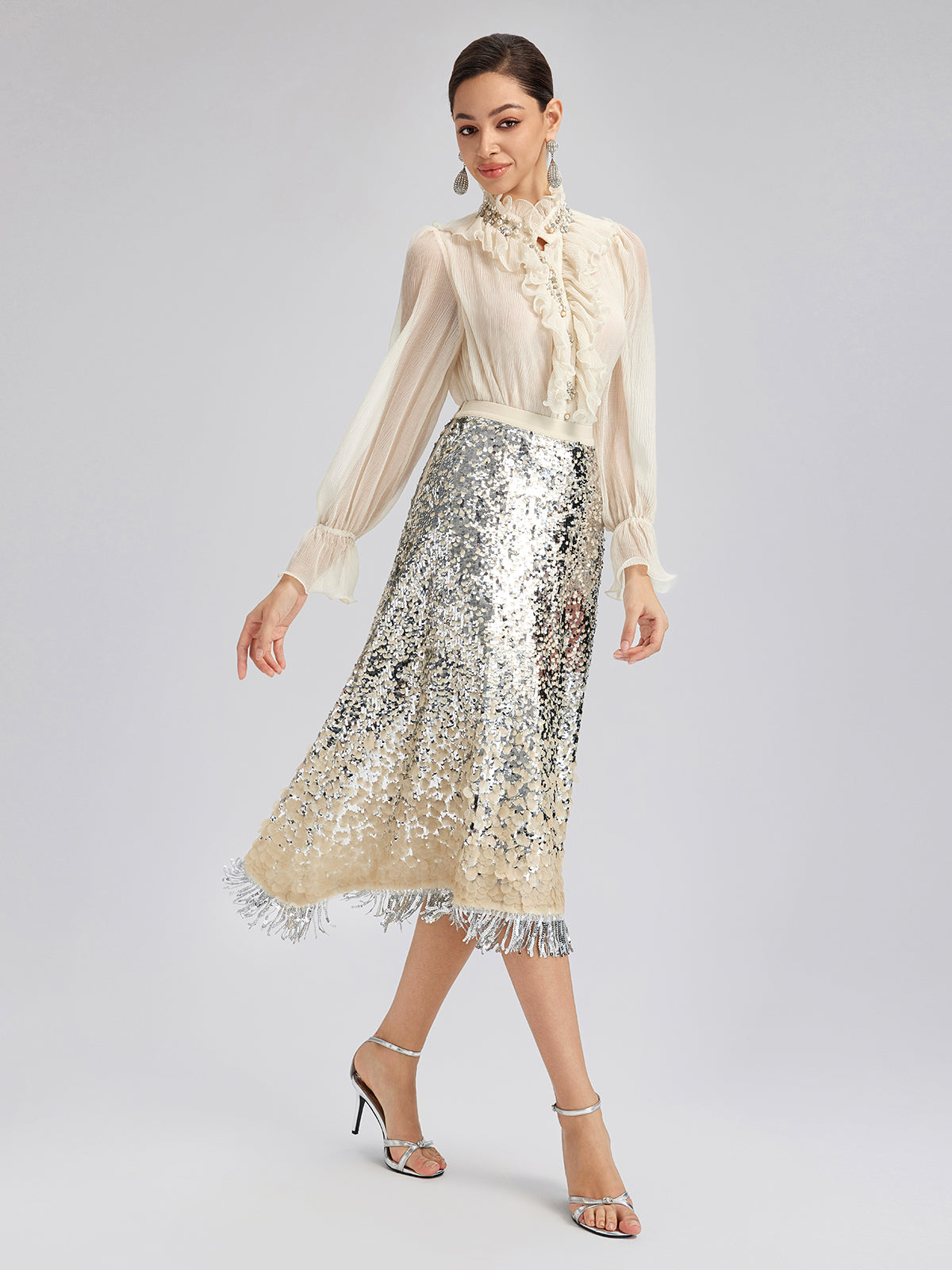 Gölgeli Pullu Püsküllü Beli Lastikli Etek