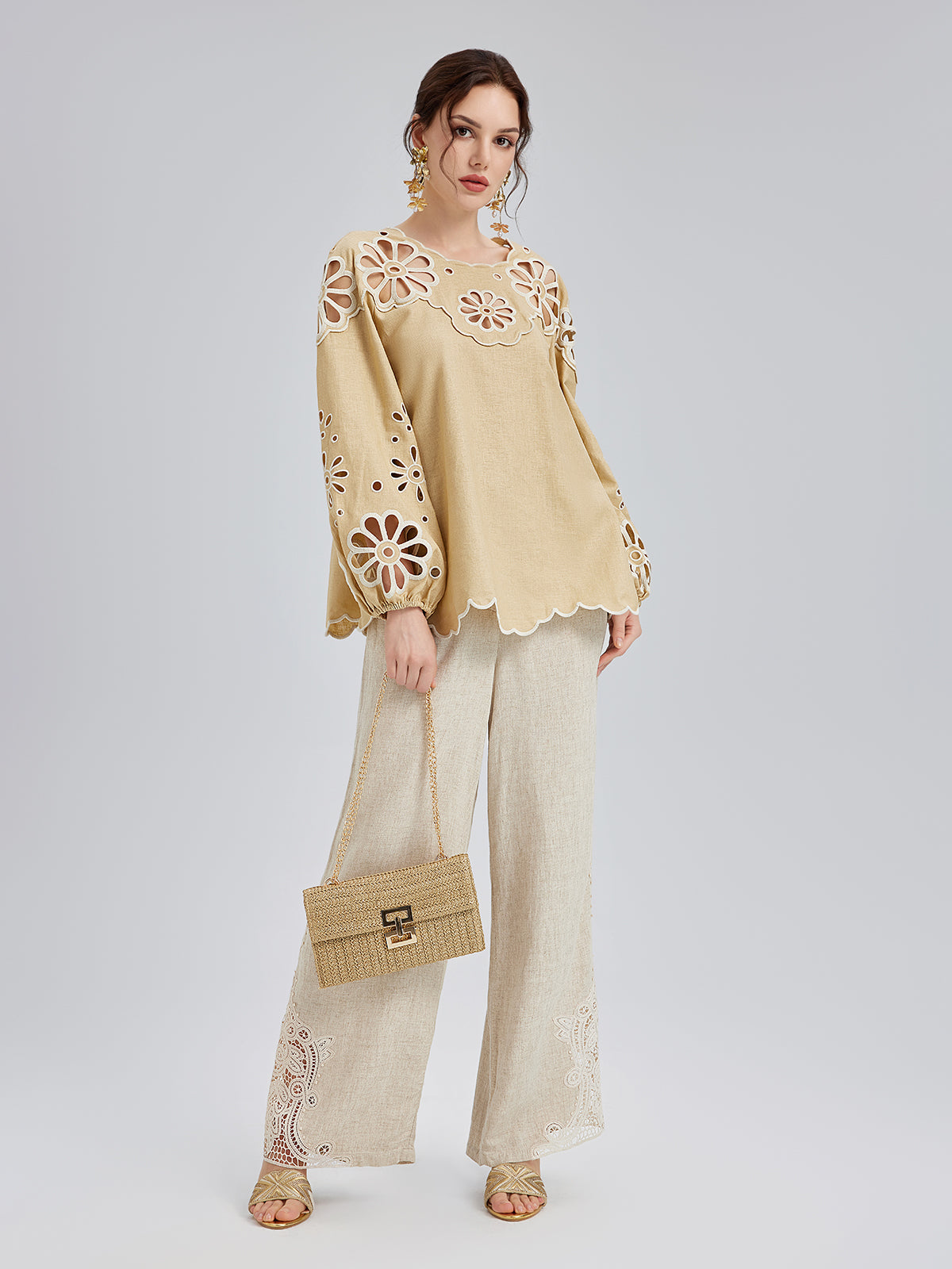 Fransız Keten Görünümlü Örgü Kemerli Dantelli Pantolon