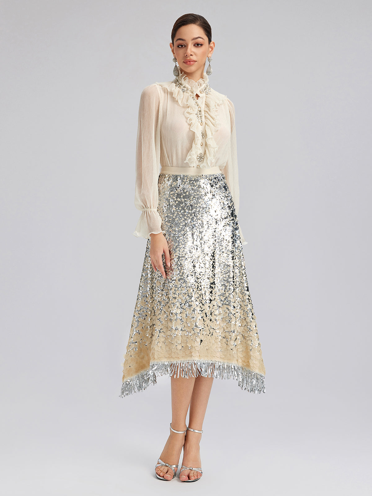 Gölgeli Pullu Püsküllü Beli Lastikli Etek