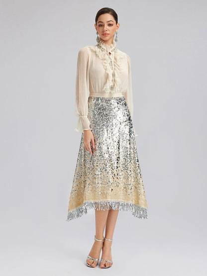 Gölgeli Pullu Püsküllü Beli Lastikli Etek