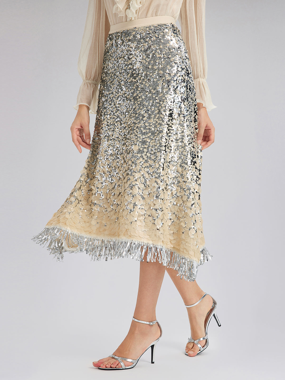 Gölgeli Pullu Püsküllü Beli Lastikli Etek