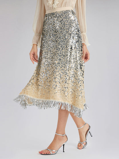 Gölgeli Pullu Püsküllü Beli Lastikli Etek